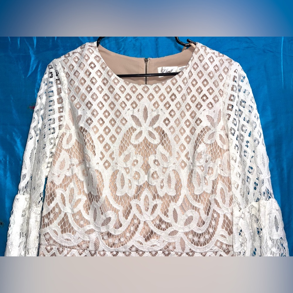 Eliza J Cream lace overlay 3/4 bell sleeve fit & flare mini dress women’s 14 - Picture 4 of 16